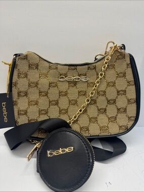 bebe Gold Monogram Crossbody with Black Trim and Coin Pouch New